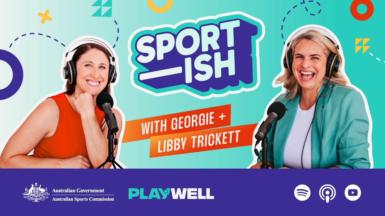 Promotional image for Sportish, a Playwell podcast hosted by George and Libby Trickett