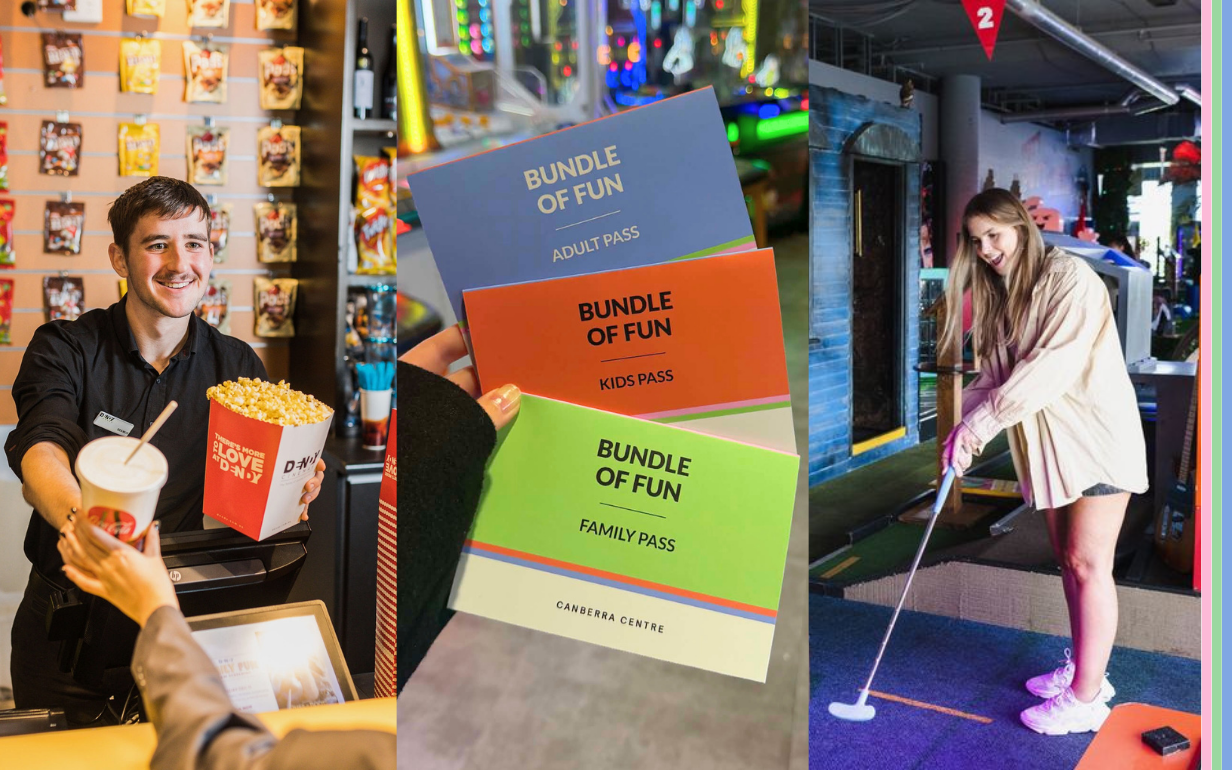A young man handing over popcorn at Dendy, three Bundle of Fun passes being held, and a young woman playing mini golf at Holey Moley.