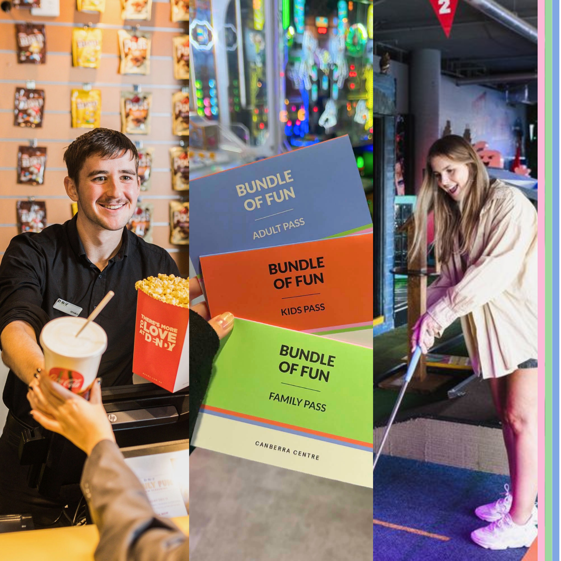 A young man handing over popcorn at Dendy, three Bundle of Fun passes being held, and a young woman playing mini golf at Holey Moley.